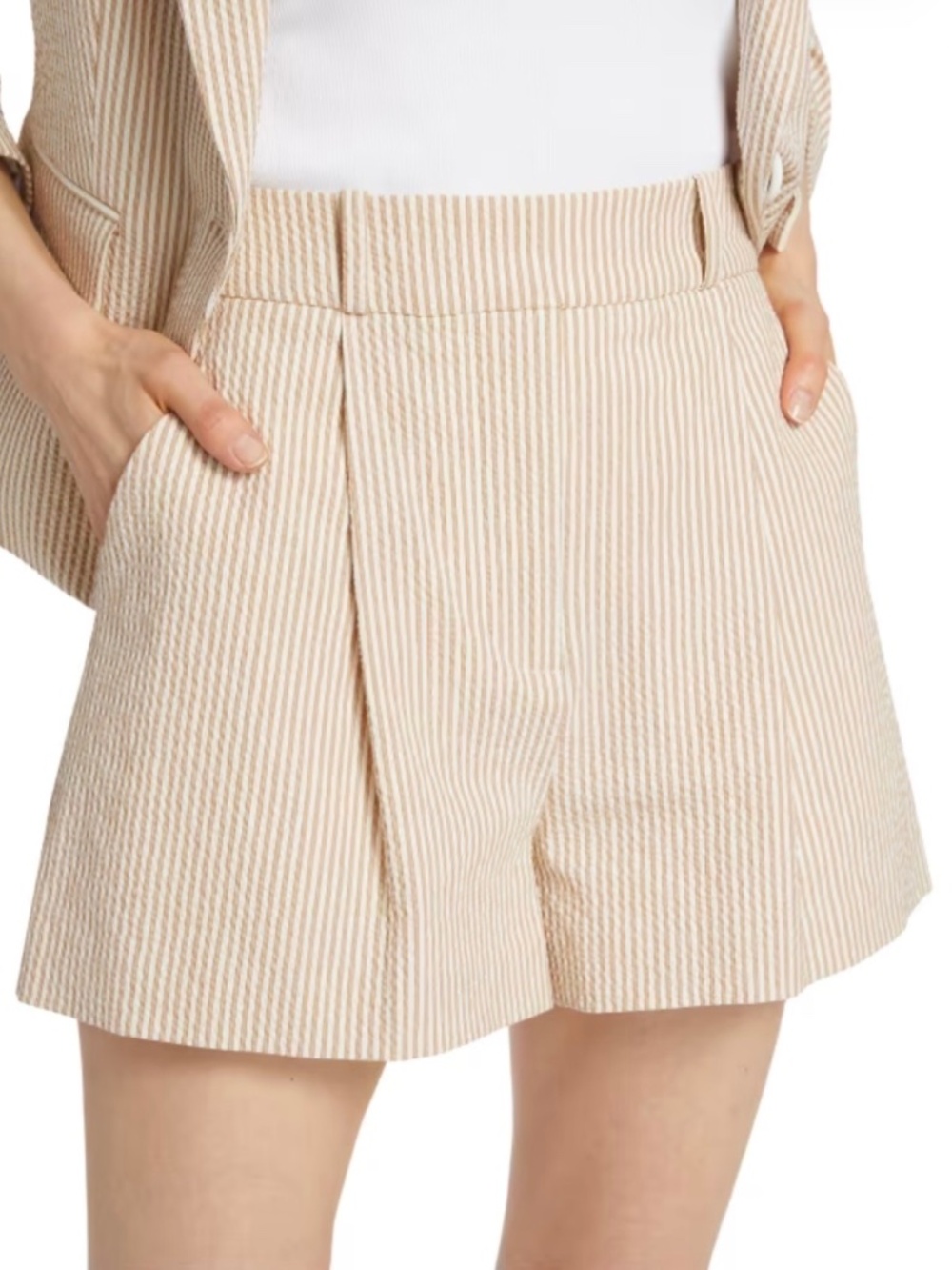 Veronica Beard Hana Seersucker Pleated Striped Shorts Khaki White SZ 16